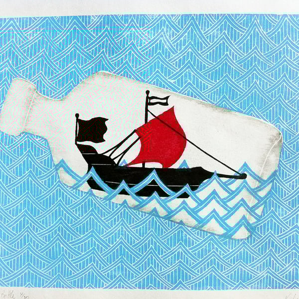 Ship in a Bottle: Woodcut Print