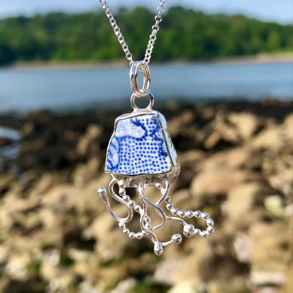 Sea Pottery and Sterling Silver Jelly Fish Pendant Necklace - 1074
