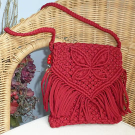 Red macrame shoulder bag - lined butterfly bag