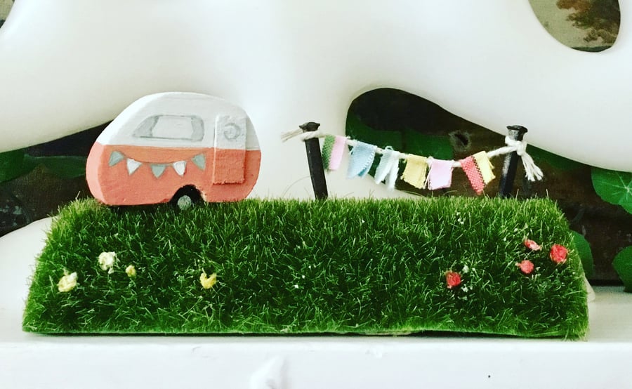 Handmade wooden caravan, camping, washing on line