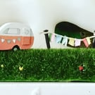 Handmade wooden caravan, camping, washing on line