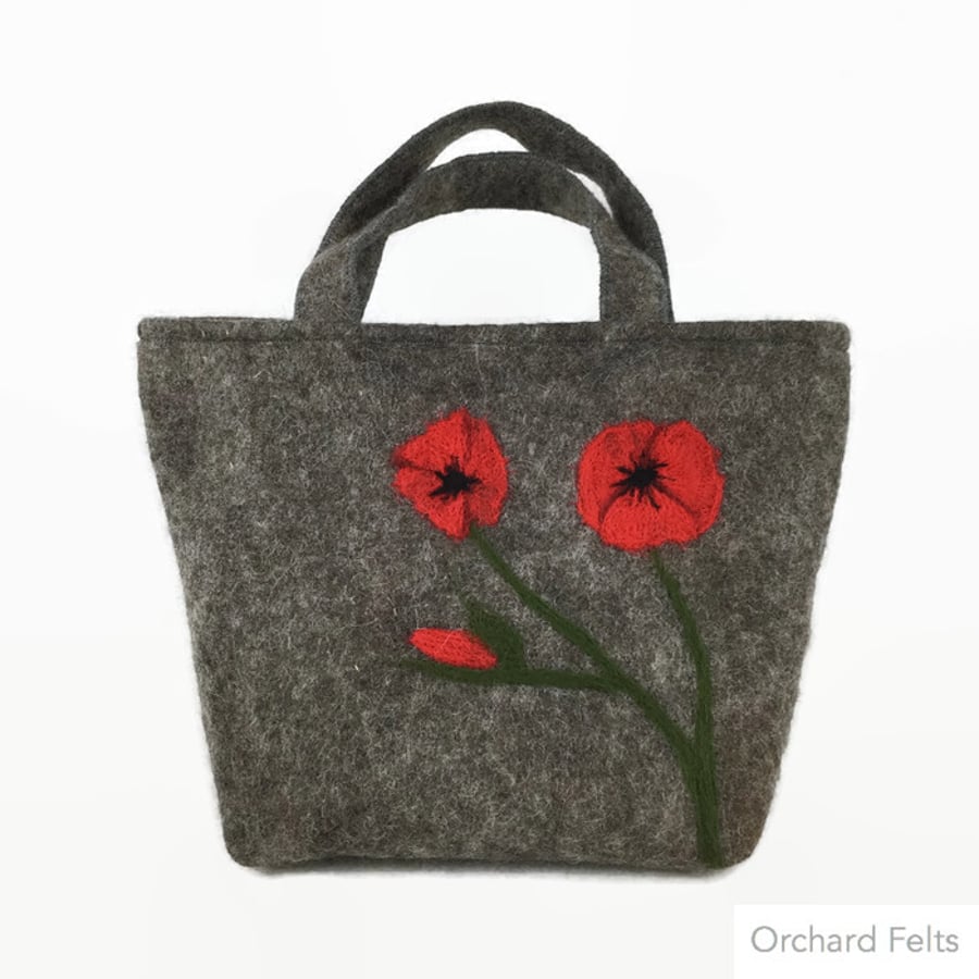 Grey wool handbag, hand felted with red poppy design