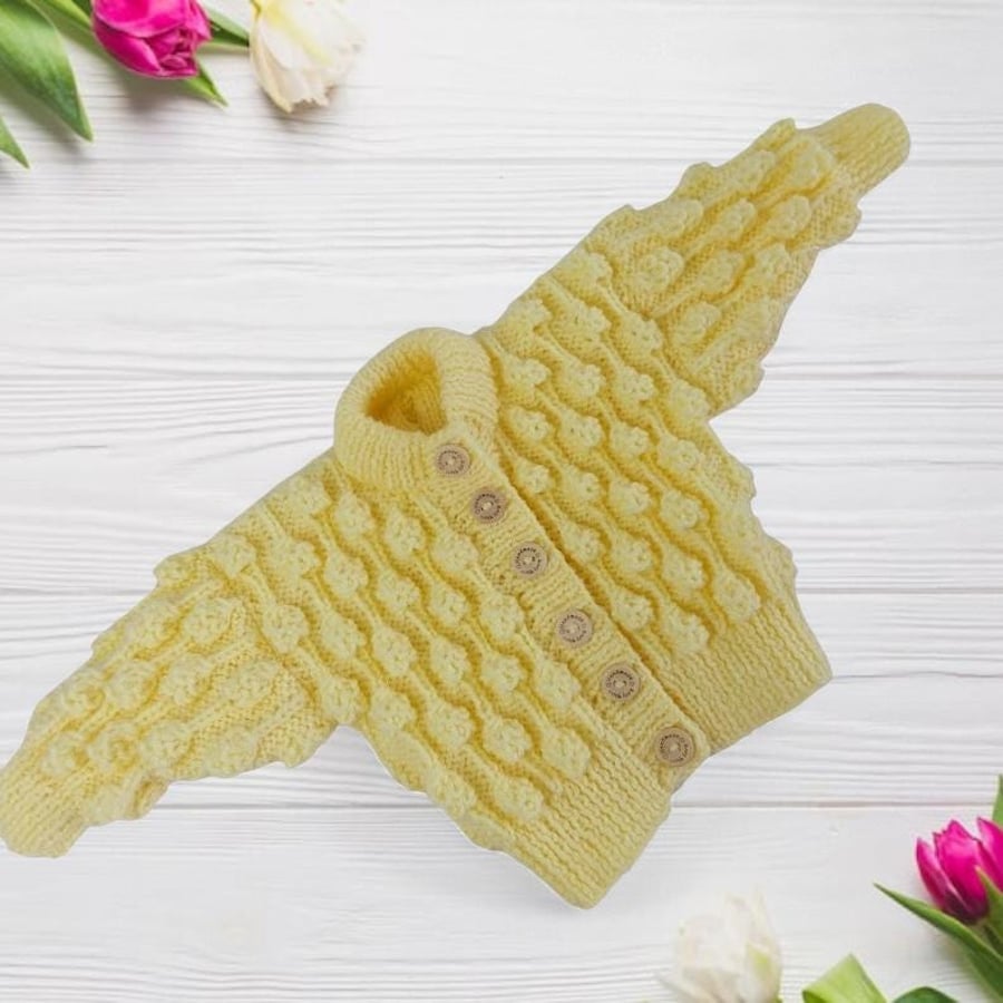 Hand Knitted Lemon Baby Cardigan 0 to 6 Months Bobble Knit Sweater 