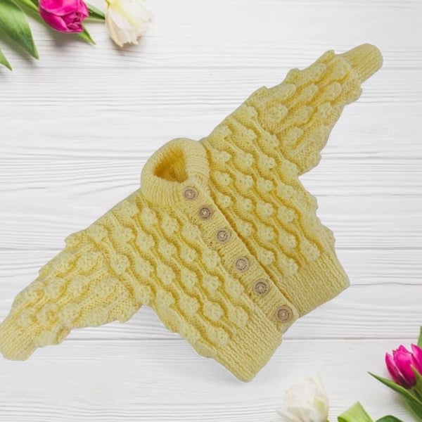 Hand Knitted Lemon Baby Cardigan 0 to 6 Months Bobble Knit Sweater 
