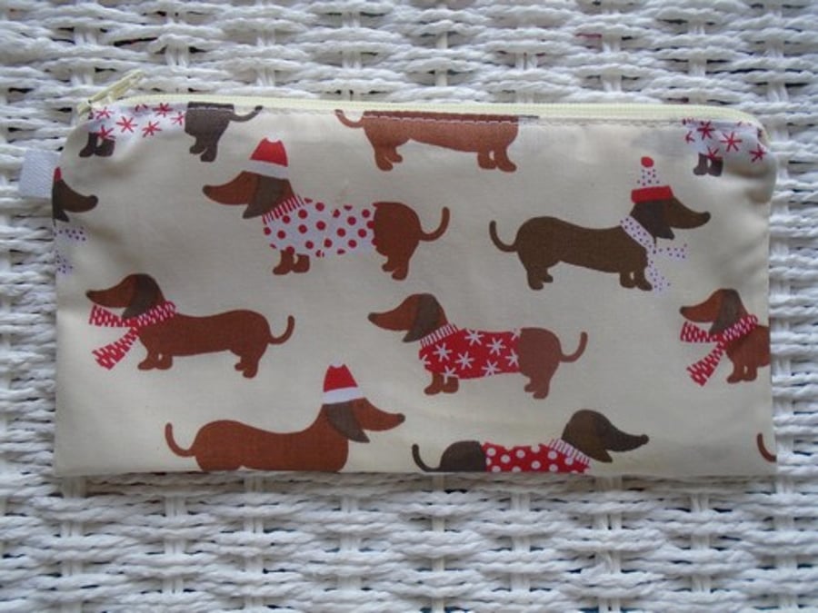 Winter Sausage Dogs Pencil Case or Small Make Up Bag.