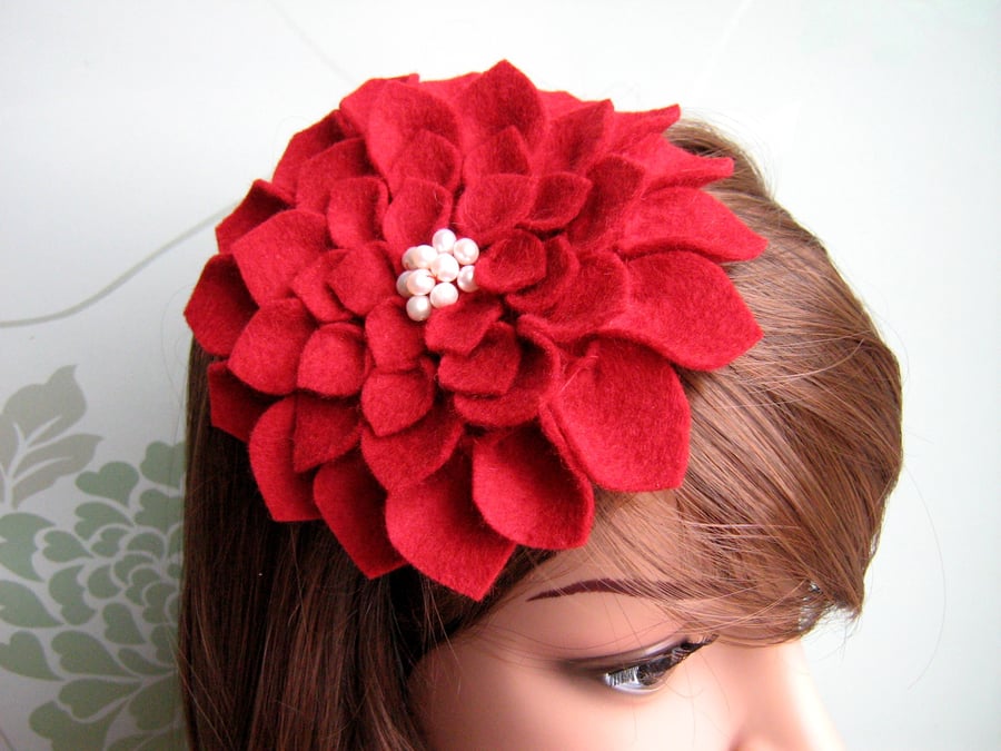 Red Felt Fascinator Hat - Dahlia Flower