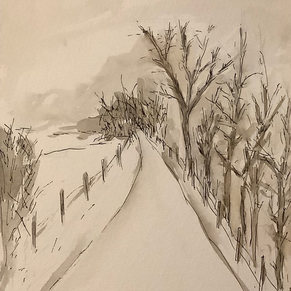 Winter Lane - original pen, ink and watercolour