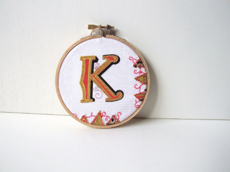 K embroidery hoop, initial letter K embroidery, Kay, Karen, Kate.