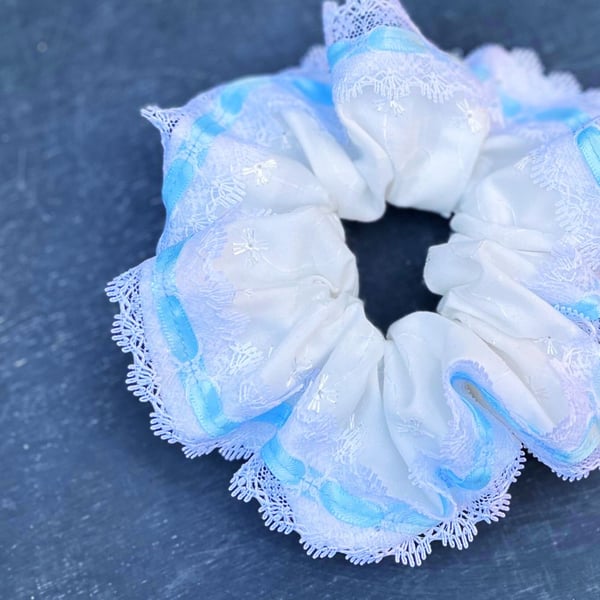 Vintage Lace Scrunchie - Blue Ribbon