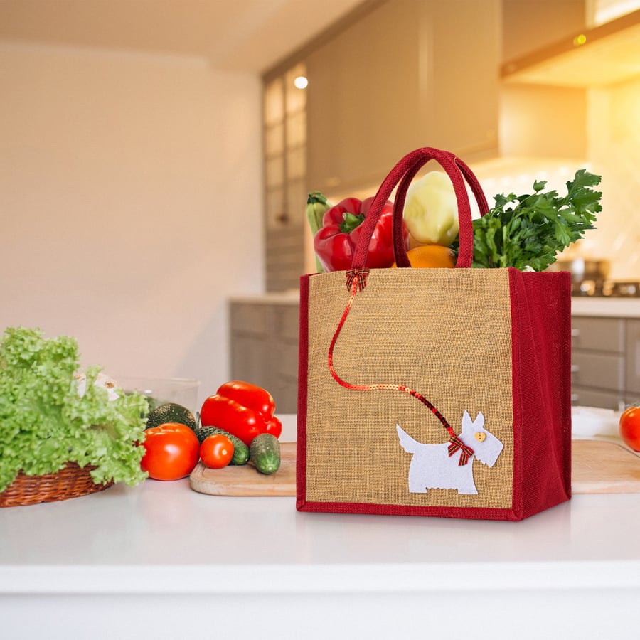 Medium Sized Jute Hessian Red Shopping Bag Decorated with a White Westie Dog