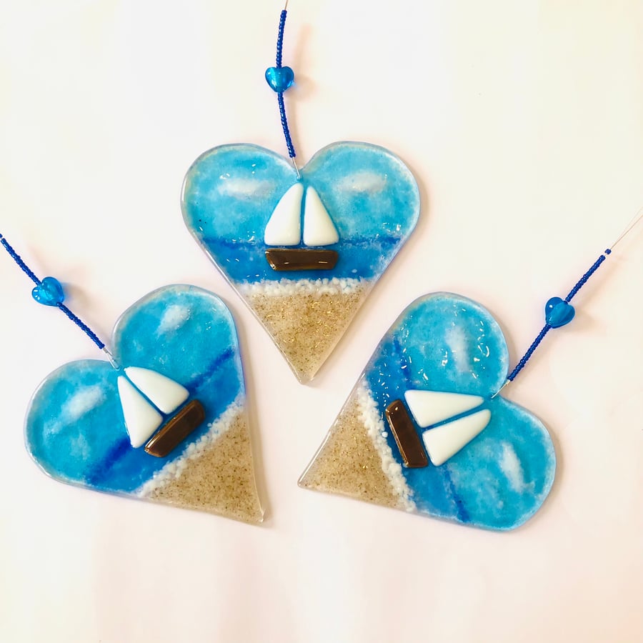 Nautical decor fused glass sailing boat heart sun catcher 