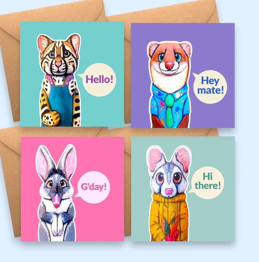 Pack of 4 Animal Greeting Card Set - Margay Bilby Weasel & Ringtail Cat
