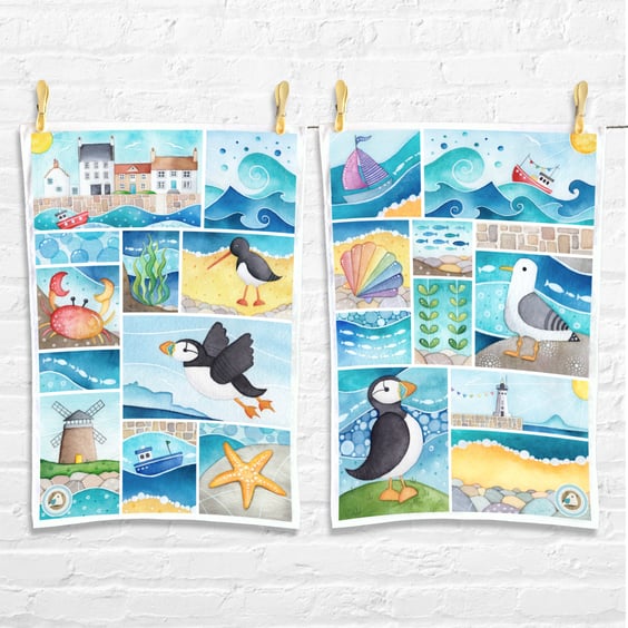 Seaside Tea Towel Set x2 - Cotton Coastal Kitchen Towels - Puffin, Seagull, Boat