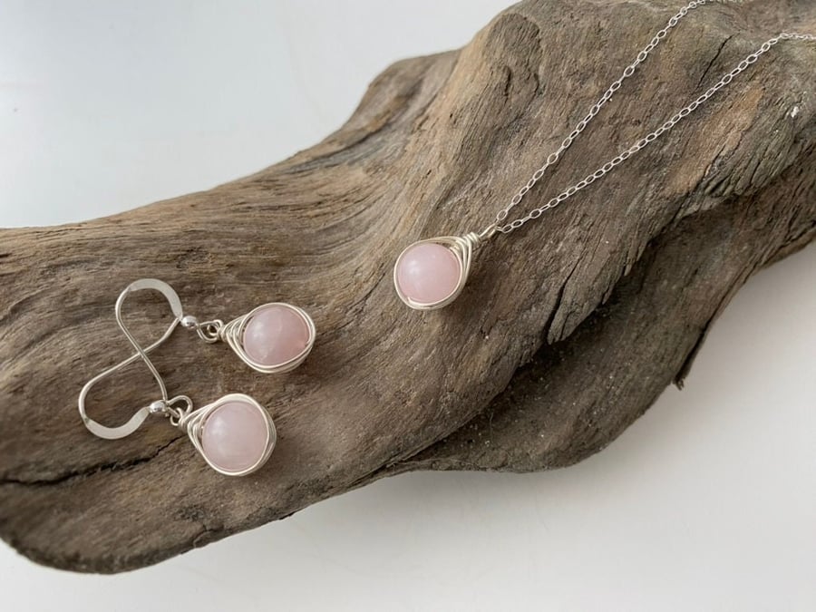 Rose Quartz Drop Necklace and earrings set, sterling silver