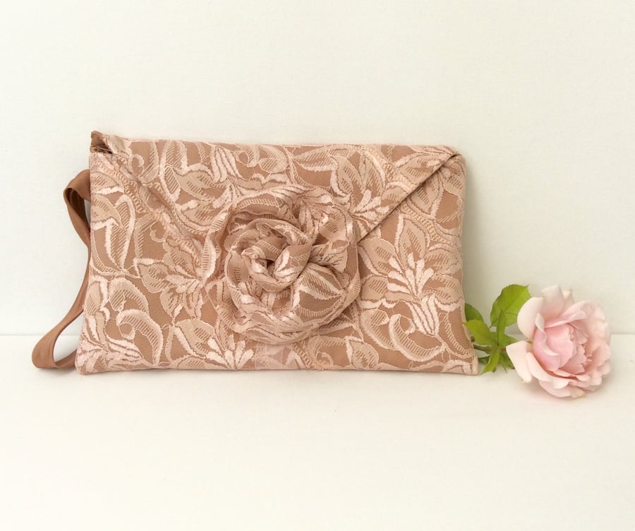 Clutch, wedding, special occasion, peach lace, rose gold, mother of the bride