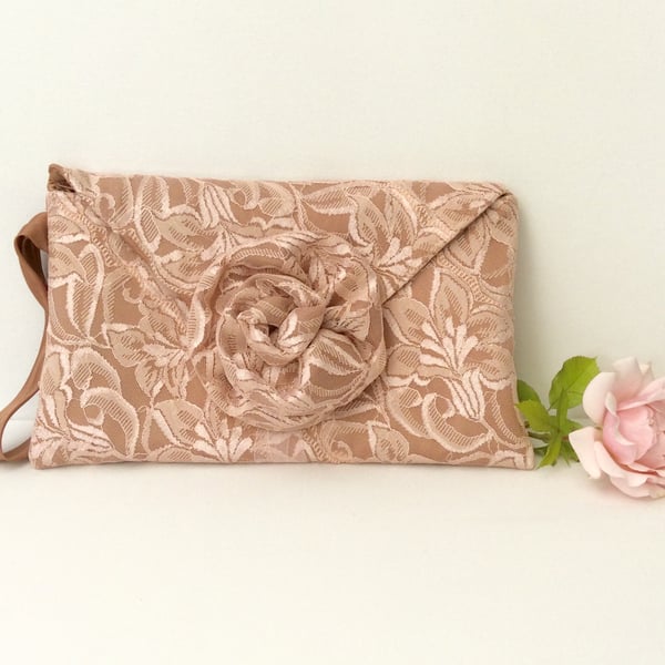 Clutch, wedding, special occasion, peach lace, rose gold, mother of the bride