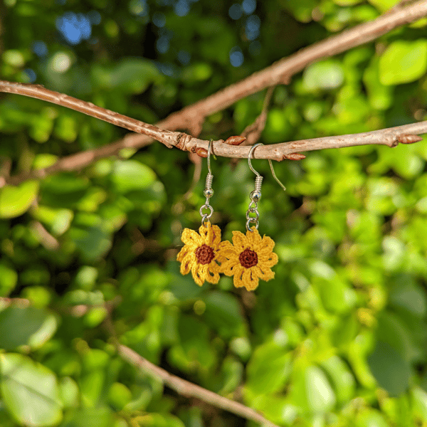 Crochet Sunflower drop earrings.