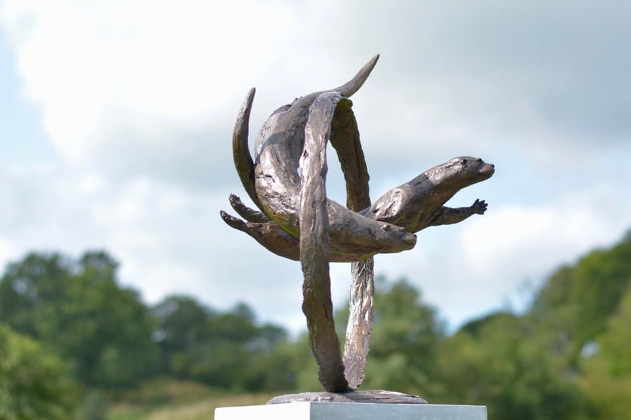 Otters Swimming Through Ring Animal Statue Large Bronze Resin Sculpture