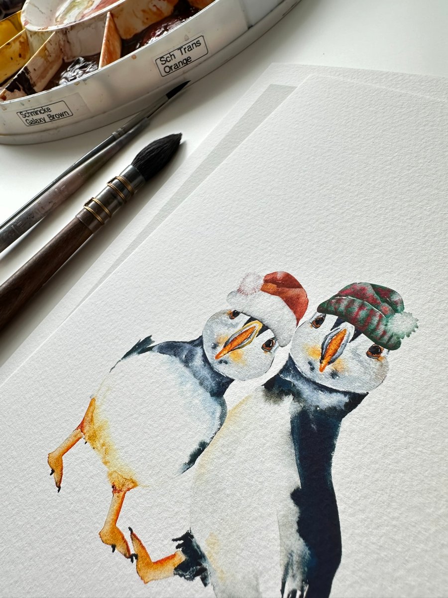Watercolour Print Puffins Festive Fluff and Puddle - Signed