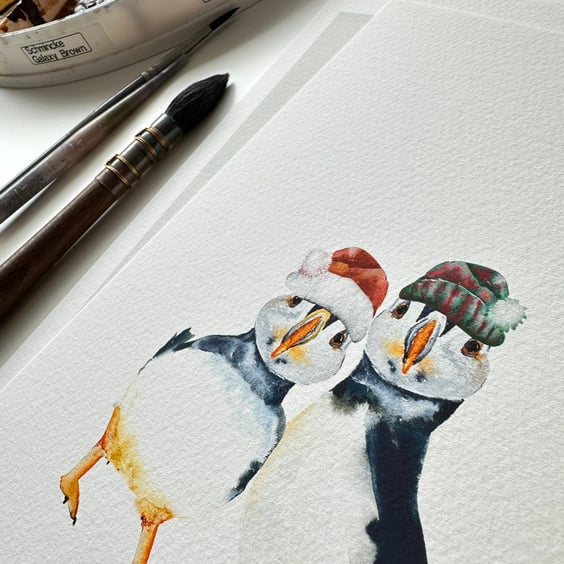Watercolour Print Puffins Festive Fluff and Puddle - Signed