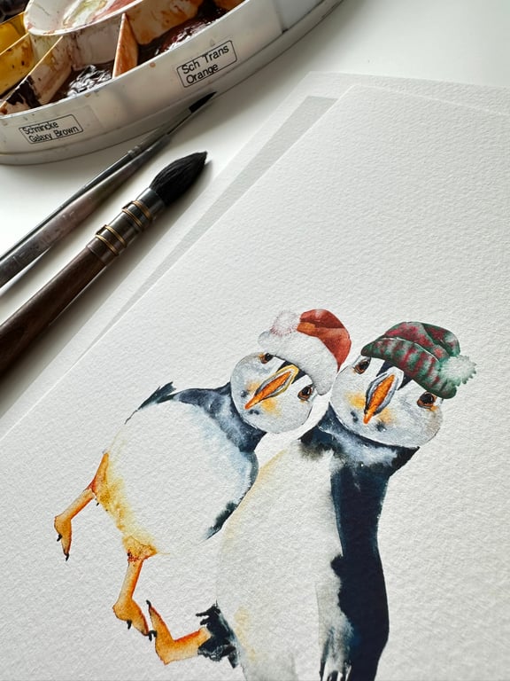 Watercolour Print Puffins Festive Fluff and Puddle - Signed
