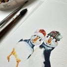 Watercolour Print Puffins Festive Fluff and Puddle - Signed