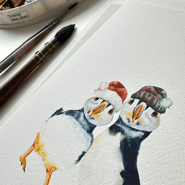 Watercolour Print Puffins Festive Fluff and Puddle - Signed