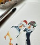 Watercolour Print Puffins Festive Fluff and Puddle - Signed - Image 1