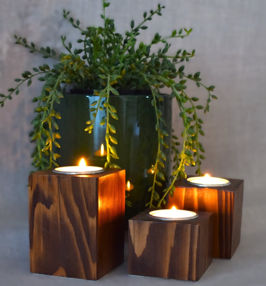 Set of 3 Rustic Tealight Holders – Upcycled Pallet Wood, Dark Oak Stain & Wax, H