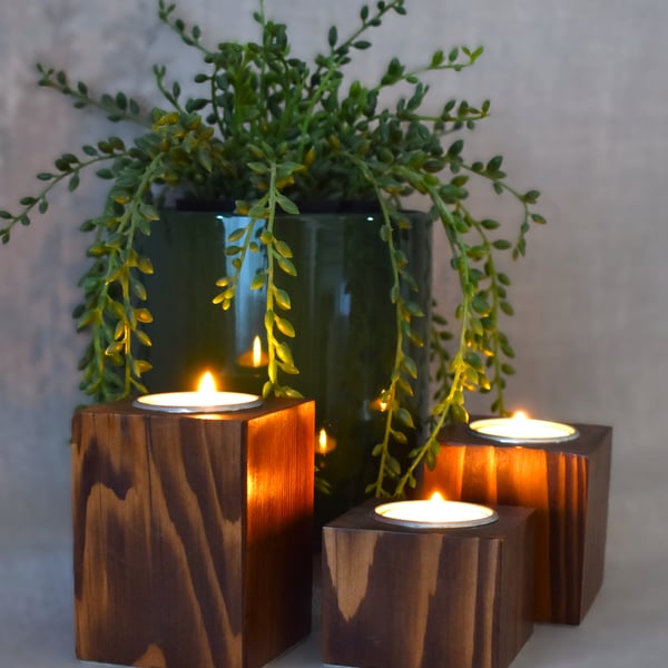 Set of 3 Rustic Tealight Holders – Upcycled Pallet Wood, Dark Oak Stain & Wax, H