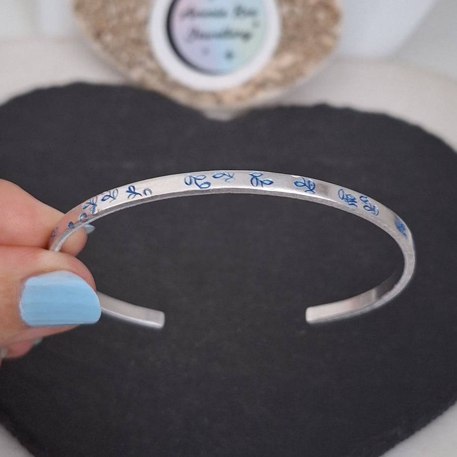 Vine print handstamped cuff bracelet, aluminium cuff,blue leaf cuff