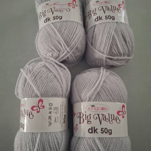 4 x King Cole Big Value DK 50g Balls Knitting Yarn - Silver