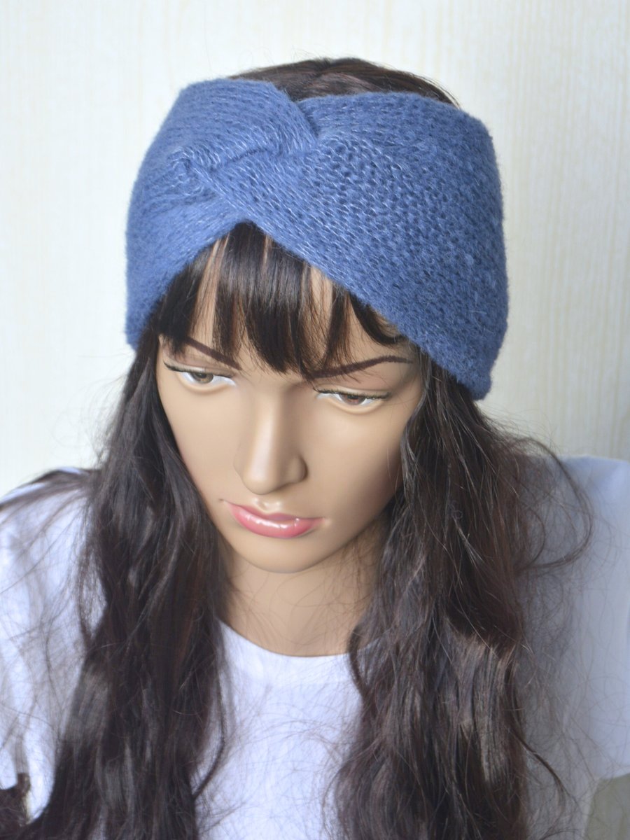 Knitted Headband Earwarmer Soft Alpaca Silk Denim Jeans Blue Letterbox Gift
