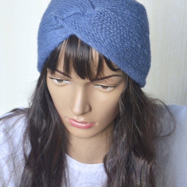 Knitted Headband Earwarmer Soft Alpaca Silk Denim Jeans Blue Letterbox Gift