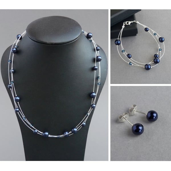 Navy Floating Pearl Jewellery Set - Dark Blue Necklace, Bracelet and Earrings