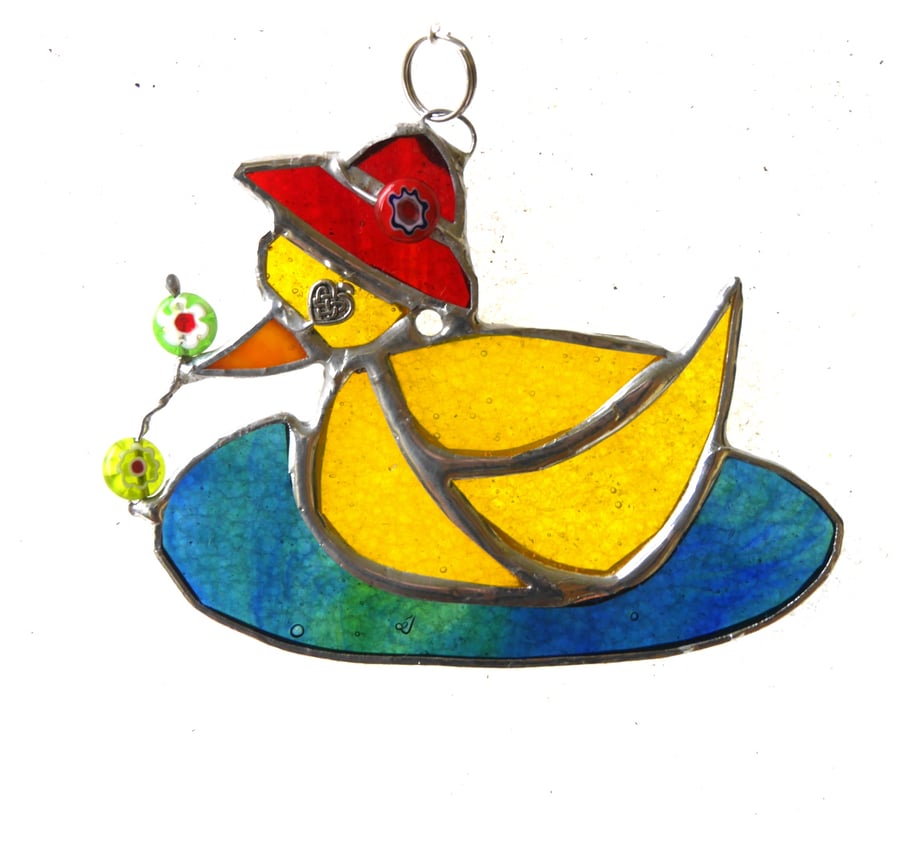 SOLD 240414 Duckling Suncatcher Stained Glass Yellow duck 012