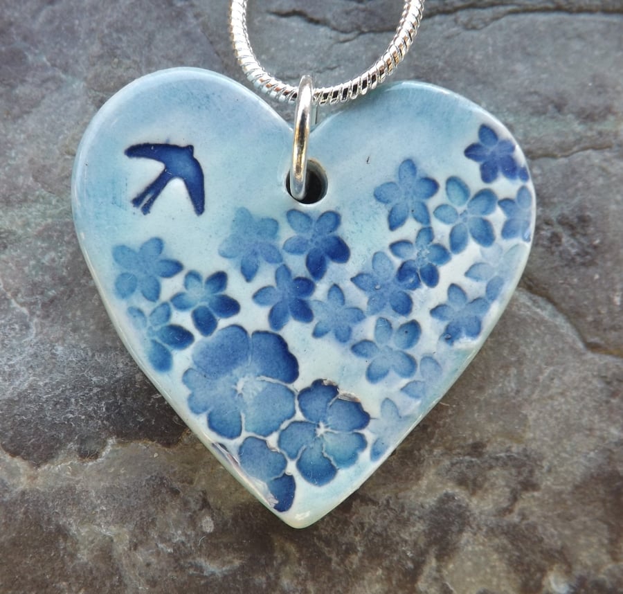 Handmade Ceramic Summer Garden Heart Pendant in turquoise and blue