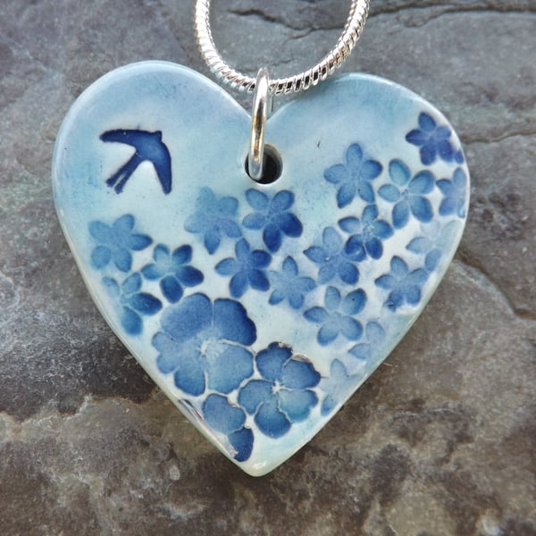 Handmade Ceramic Summer Garden Heart Pendant in turquoise and blue