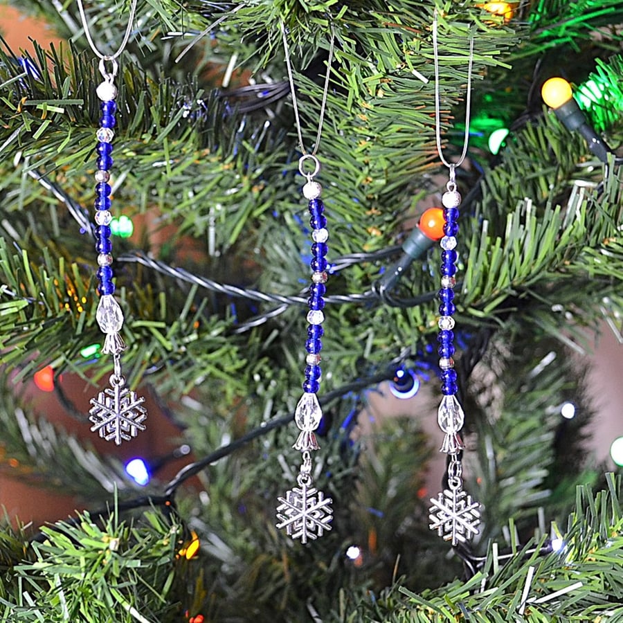 Christmas Decorations – Set of 3 – Blue and Silver-Plated Bead with Snowflake