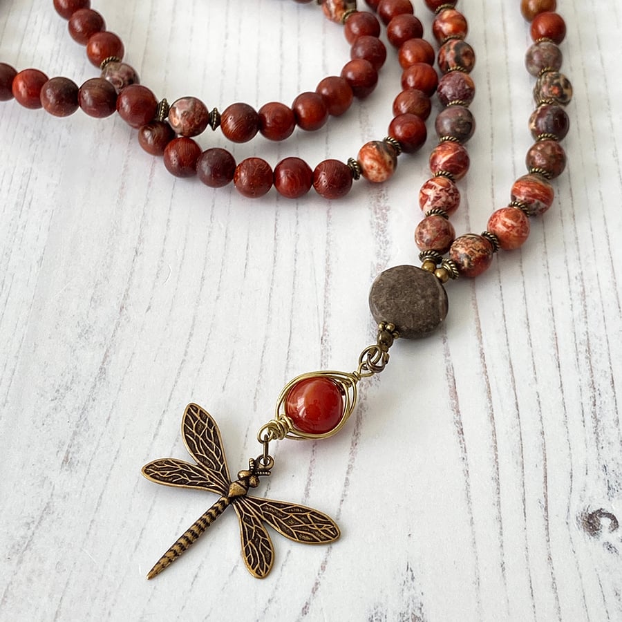 Rosewood and Leopard Skin Jasper Mala Necklace Featuring A Dragonfly
