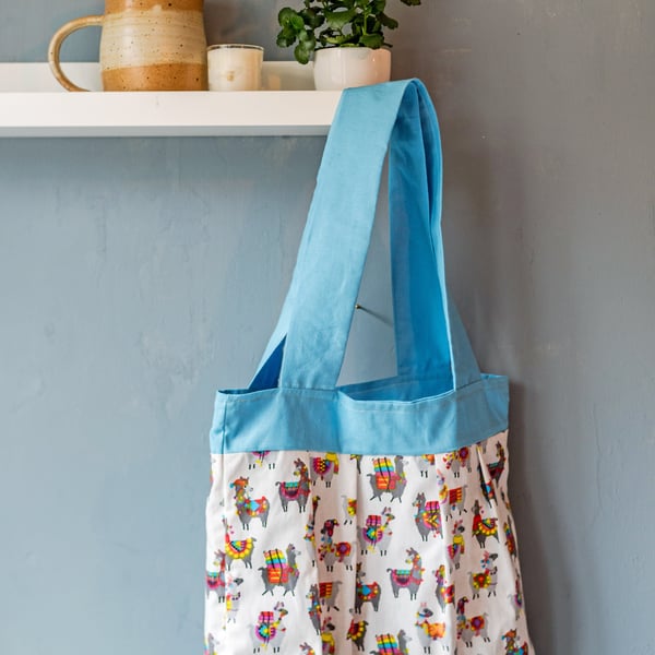 Llama tote bag, blue and white, fiesta theme