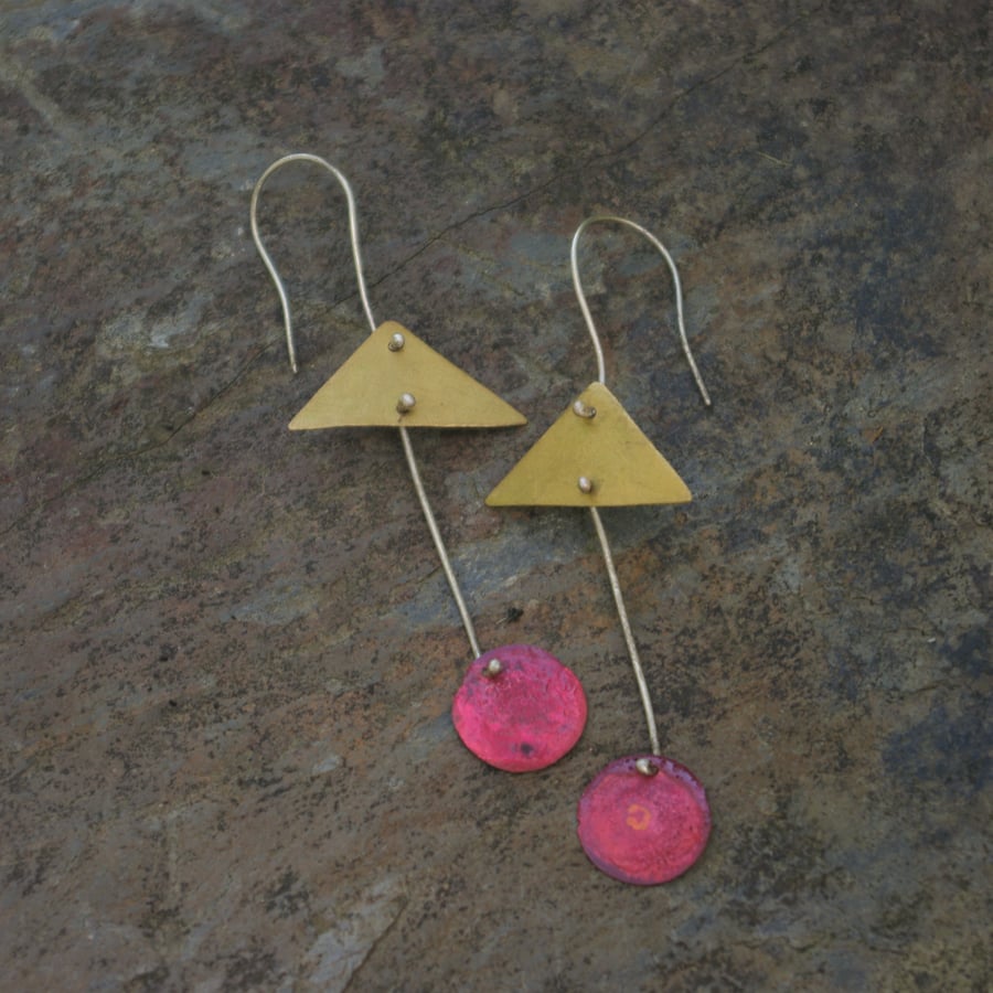   Brass Triangle and Red Circle Long Dangle Earrings