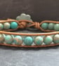 SALE Turquoise jasper and bronze leather bracelet with ceramic flower button  - Image 2