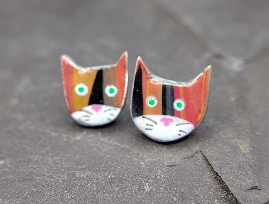 Callico cat polymer clay stud earrings - Folksy