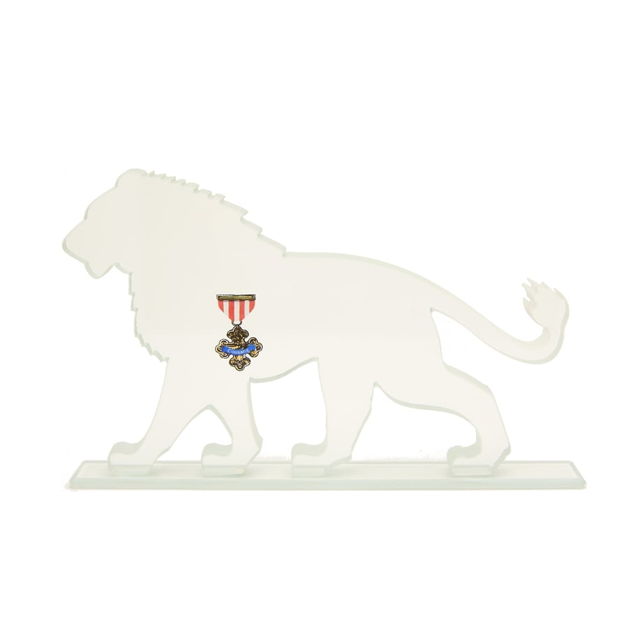 Cowardly Lion Glass Sculpture with Medal of Courage