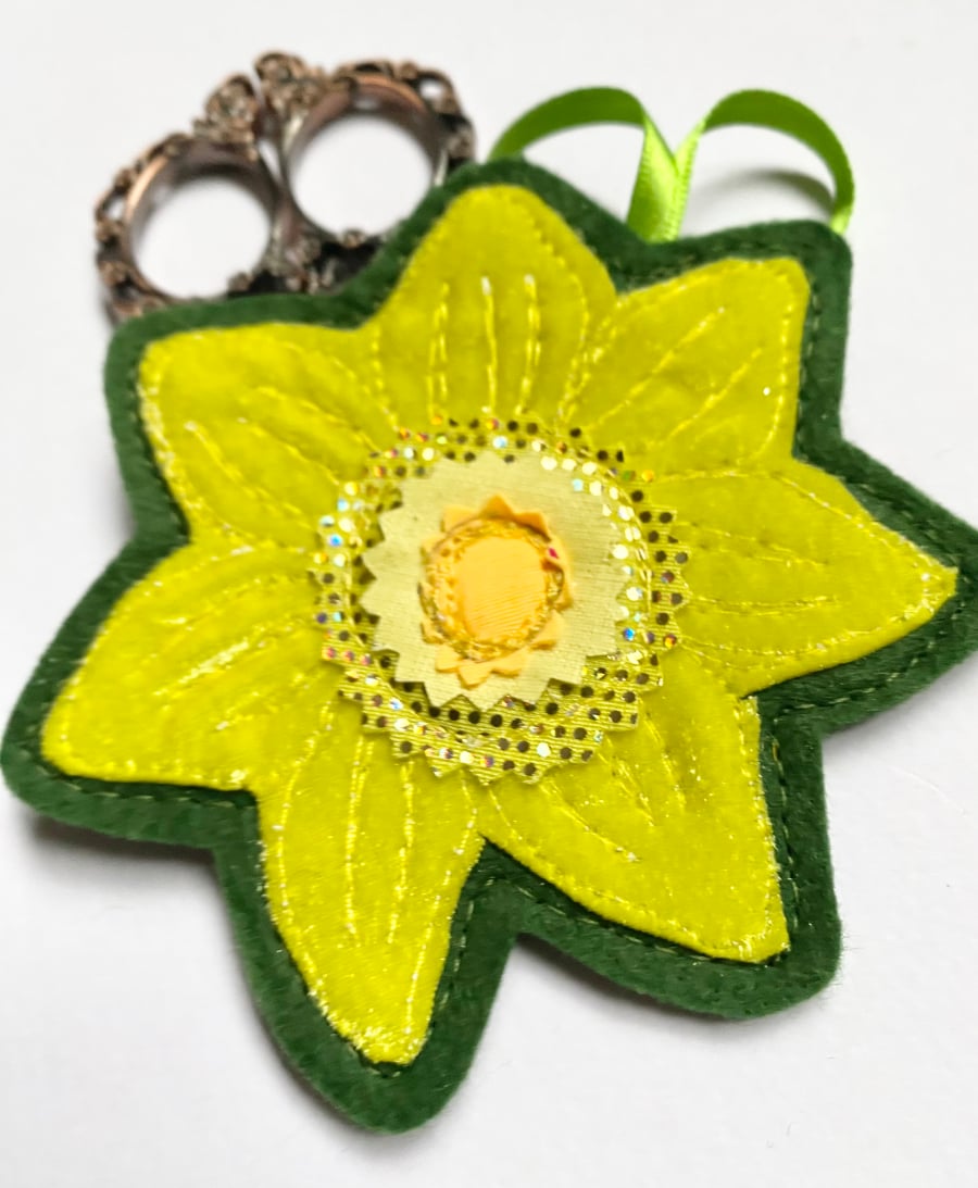 Upcycled embroidered spring flower daffodil home Easter decoration.