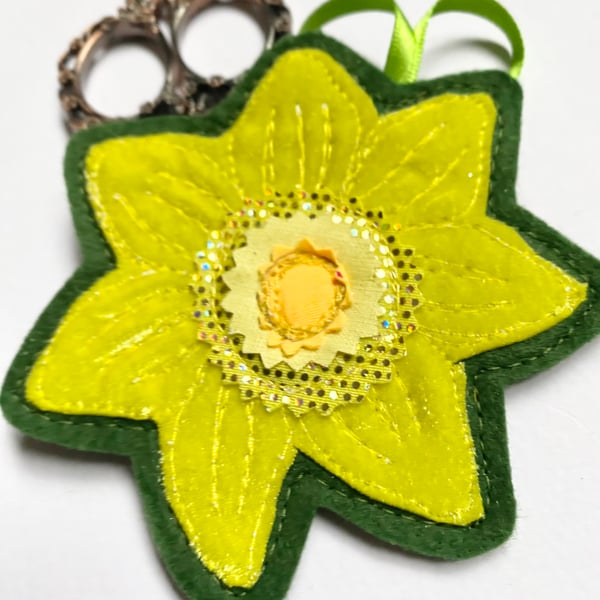 Upcycled embroidered spring flower daffodil home Easter decoration.