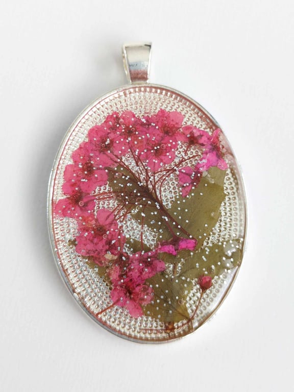 Large Resin Oval Pendant With Tiny Pink Flowers