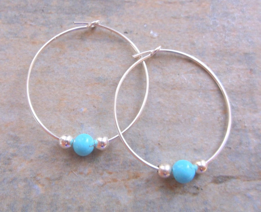 25mm Sterling Silver Hoops with Turquoise and Sterling Silver Beads