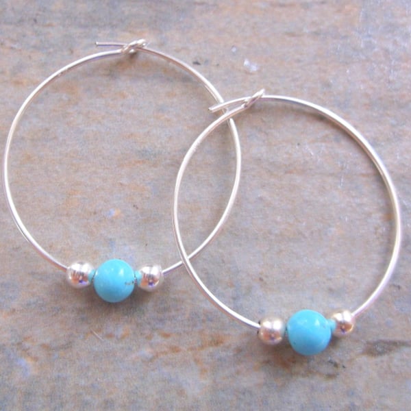 25mm Sterling Silver Hoops with Turquoise and Sterling Silver Beads